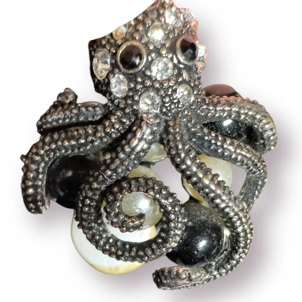Silver Octopus‎ Multi Color Pearl Ring Vintage Size 17 Retro Rhinestone Gothcore